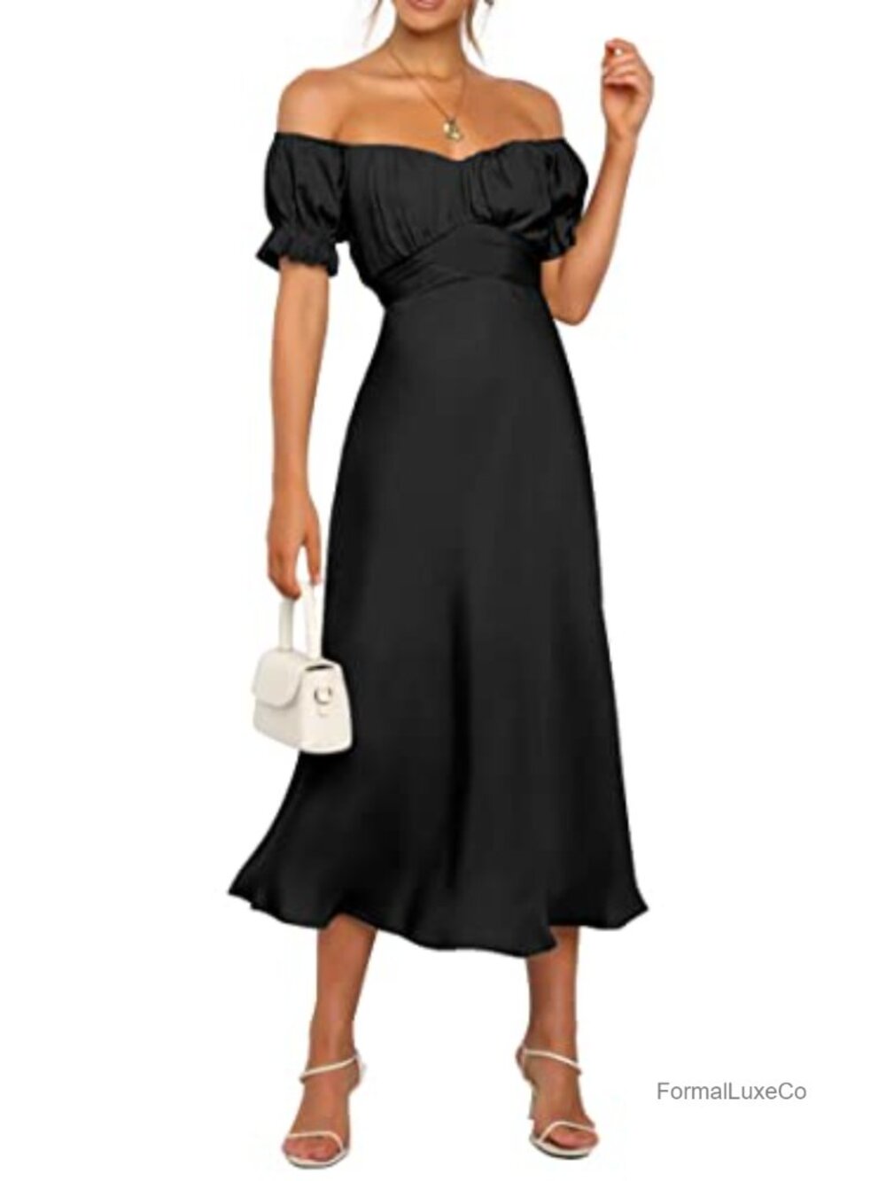 Off Shoulder Satin Midi Dress Formal Wedding Guest Cocktail Puff Sleeve